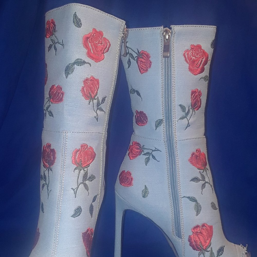 Denim Peep Toe Rose Embroidery Booties ( BRAND NEW !! )
